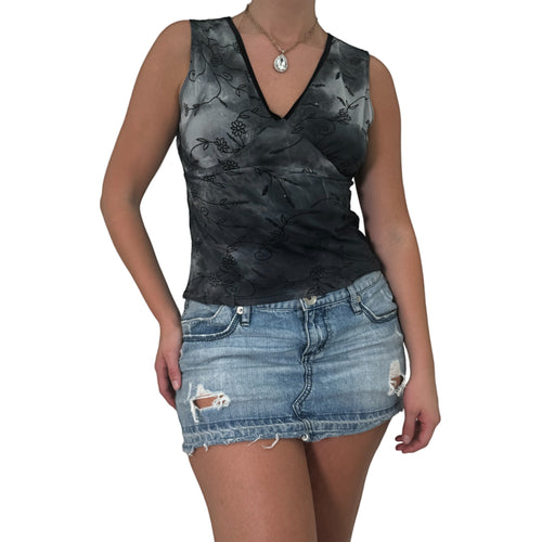 Y2k Vintage Black + Gray V-Neck Velvet Floral Top [S]