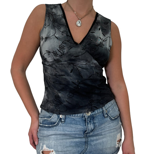 Y2k Vintage Black + Gray V-Neck Velvet Floral Top [S]