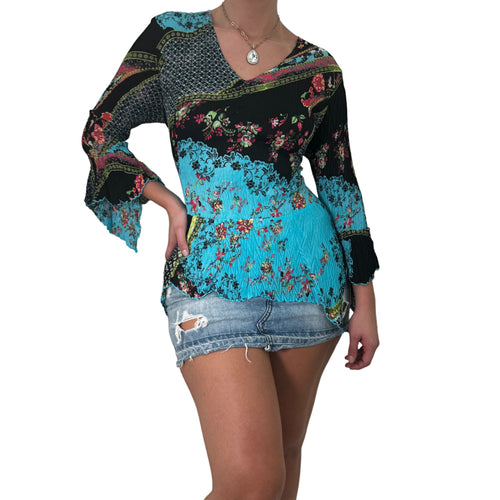 Y2k Vintage Black + Blue Floral Long Sleeves Top [L]