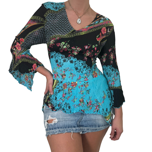 Y2k Vintage Black + Blue Floral Long Sleeves Top [L]