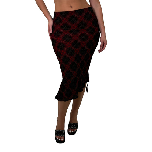 Y2k Vintage Red + Black Glitter Plaid Midi Skirt [M]