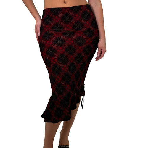 Y2k Vintage Red + Black Glitter Plaid Midi Skirt [M]