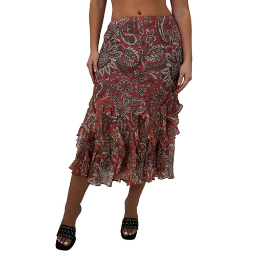 Y2k Vintage Red + Brown Silk Paisley Midi Skirt [M, L]