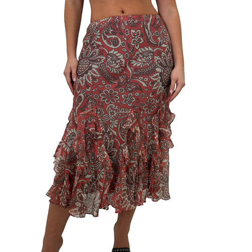 Y2k Vintage Red + Brown Silk Paisley Midi Skirt [M, L]