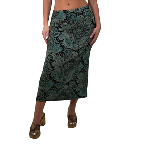 Y2k Vintage Teal + Black Paisley Maxi Skirt [M]