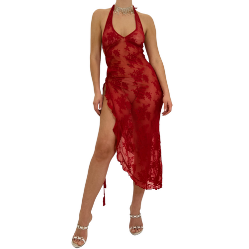 90s Rare Vintage Red Lace Floral Slip Dress [S]