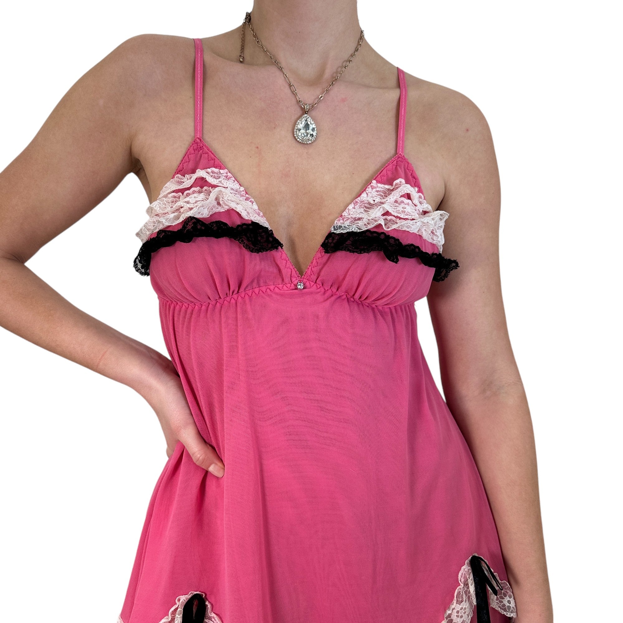 Y2k Vintage Pink + Black White Ruffles Slip Dress [S]