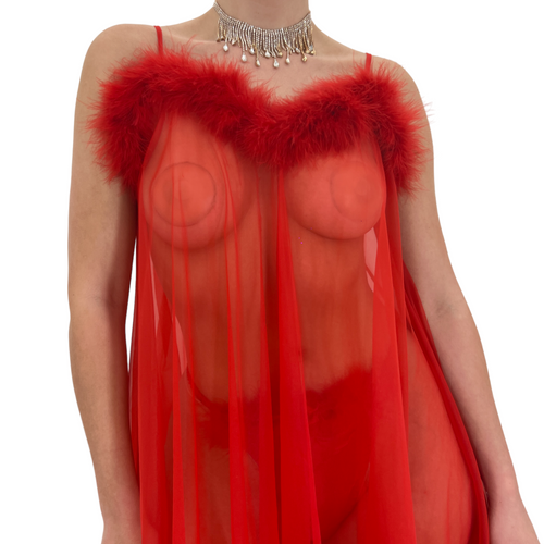 90s Rare Vintage Red Mesh w/ Faux Fur + Matching Thong Maxi Dress [S-L]