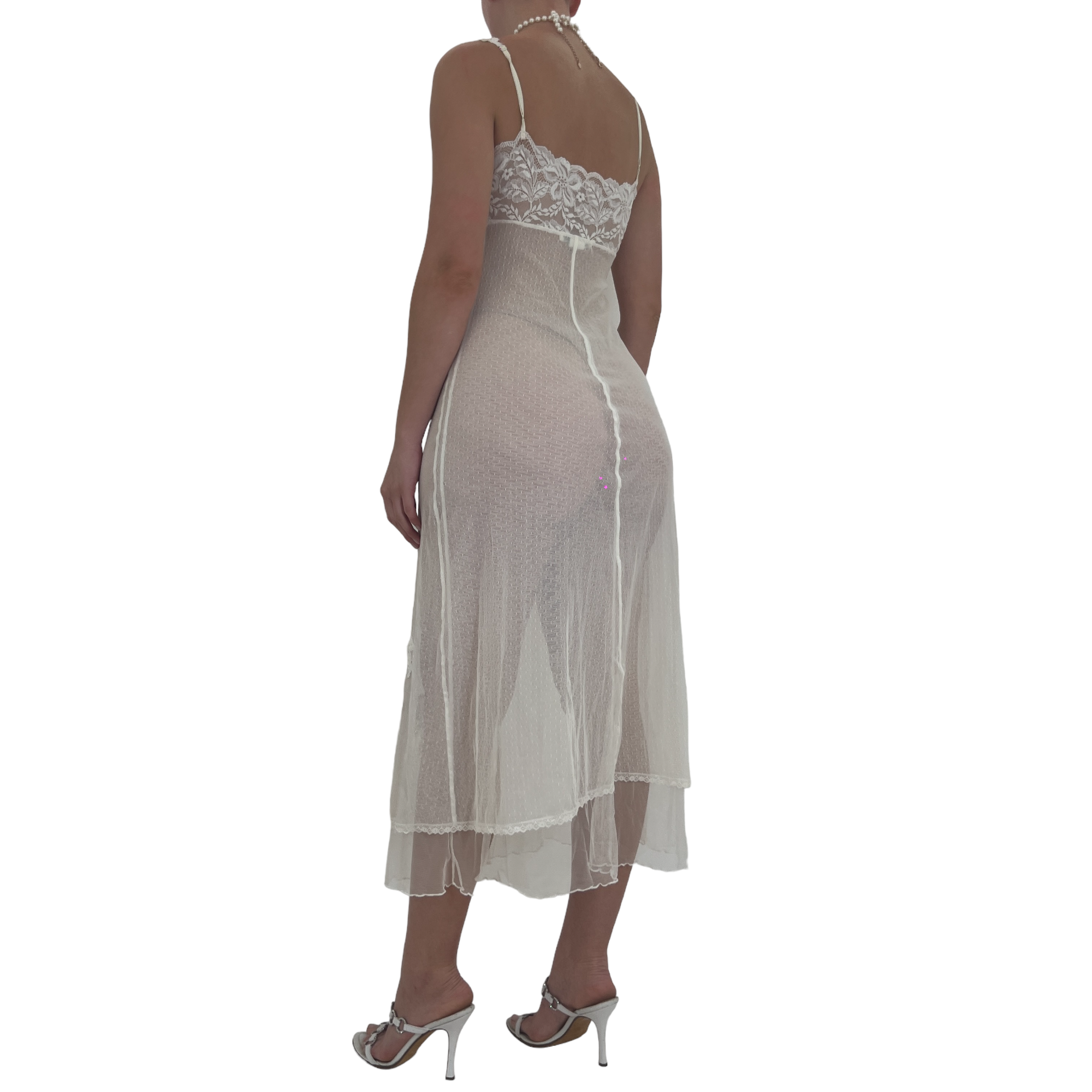 90s Rare Vintage White Lace Sheer Maxi Slip Dress [XS-S]