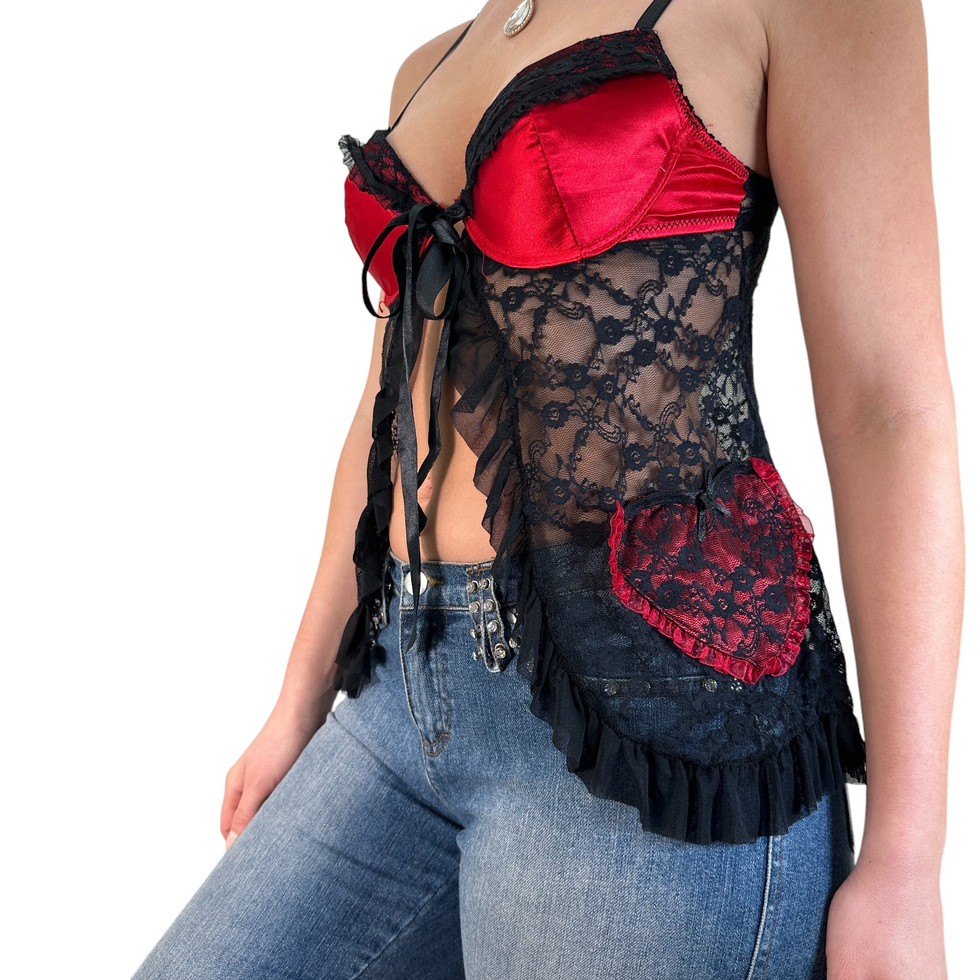 Y2k Vintage Red + Black Floral Lace Side Heart Top [S]