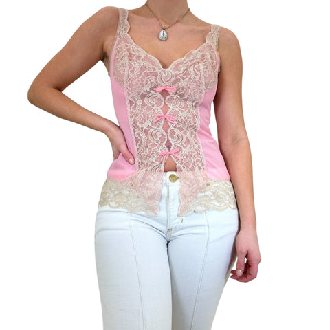 90s Vintage Pink Floral Lace Strapless Bustier Top [S]
