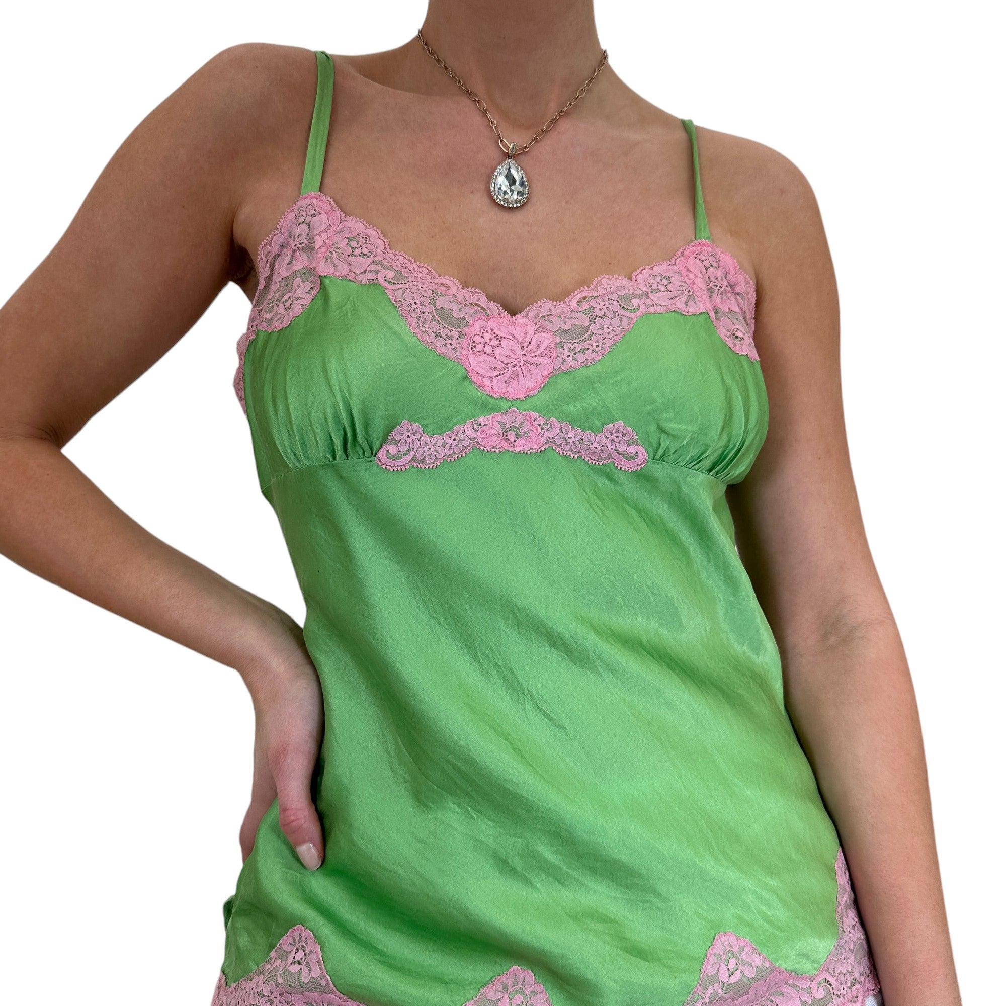 90s Vintage Green + Pink Floral Lace Tank Top [M]
