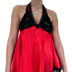 90s Vintage Red + Black Satin Floral Lace Slip Dress [M]