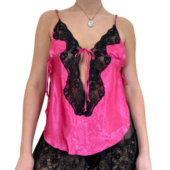 Y2k Vintage Pink + Black Satin Floral Lace Top [M]