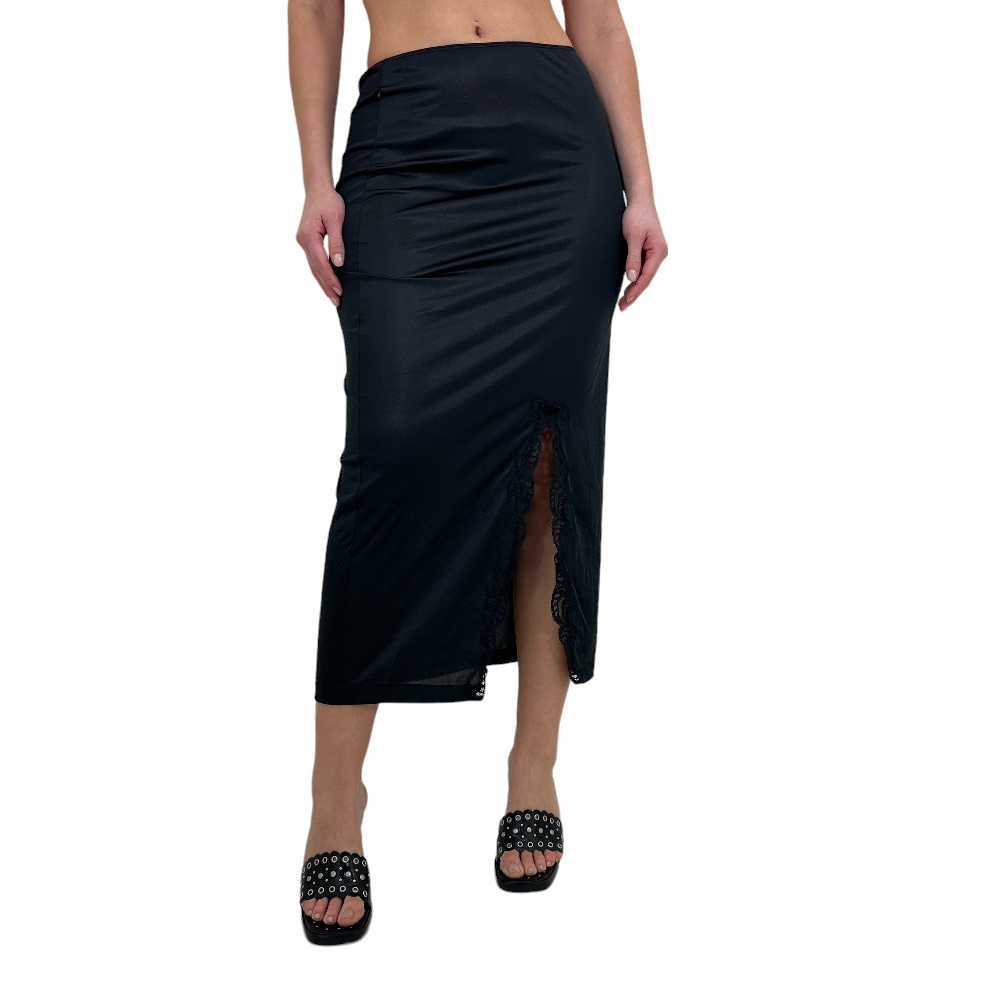 90s Vintage Black Side Slit Midi Skirt [S, M]