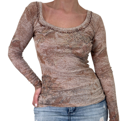 Y2k Vintage Miss Me Brown Beaded Long Sleeves Top [M]