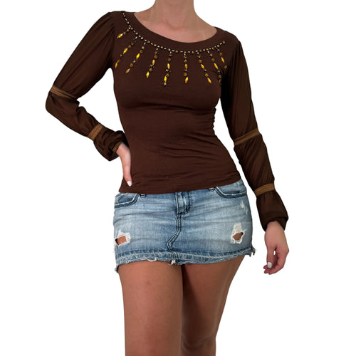 Y2k Vintage Brown Beaded Long Sleeves Top [S]