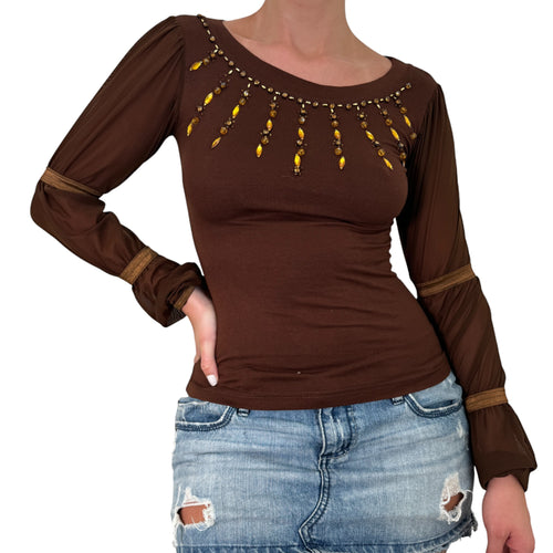 Y2k Vintage Brown Beaded Long Sleeves Top [S]