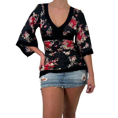 Y2k Vintage Black + Red Floral Flutter Sleeve Top [M]