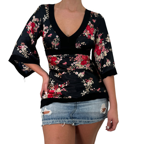 Y2k Vintage Black + Red Floral Flutter Sleeve Top [M]