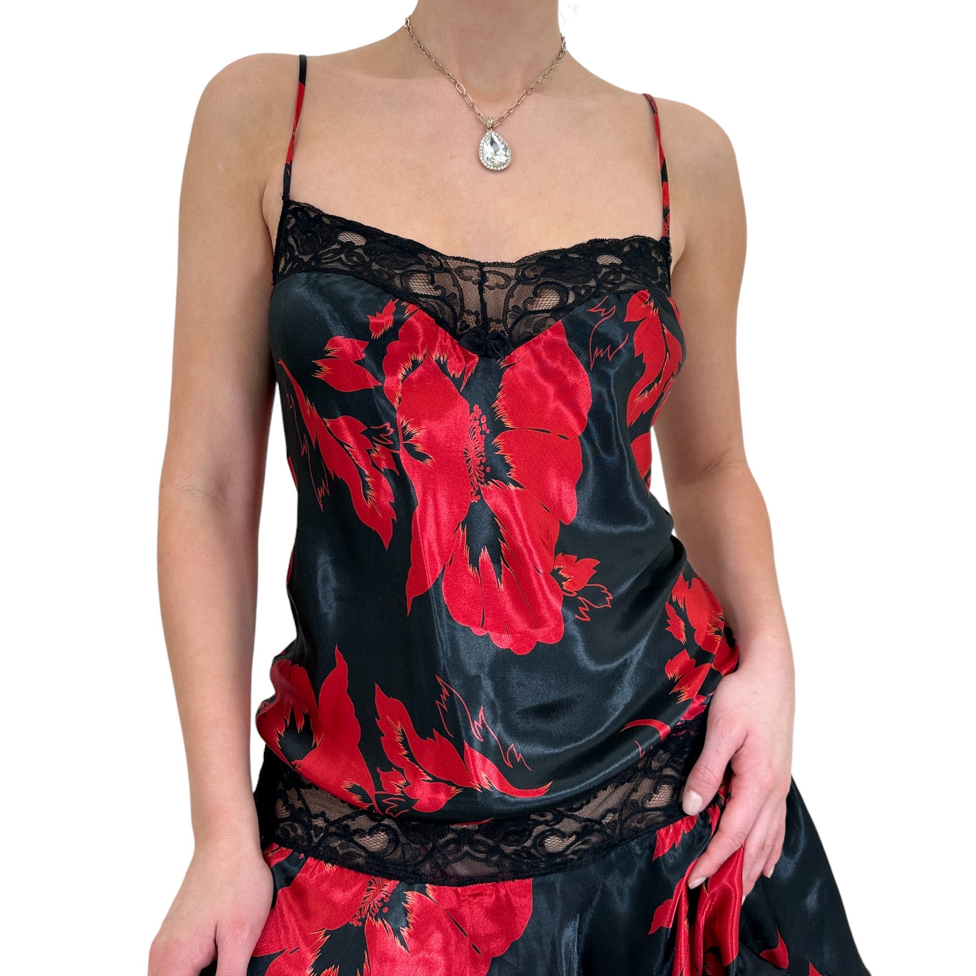 90s Vintage Red + Black Floral Satin Slip Dress [L]
