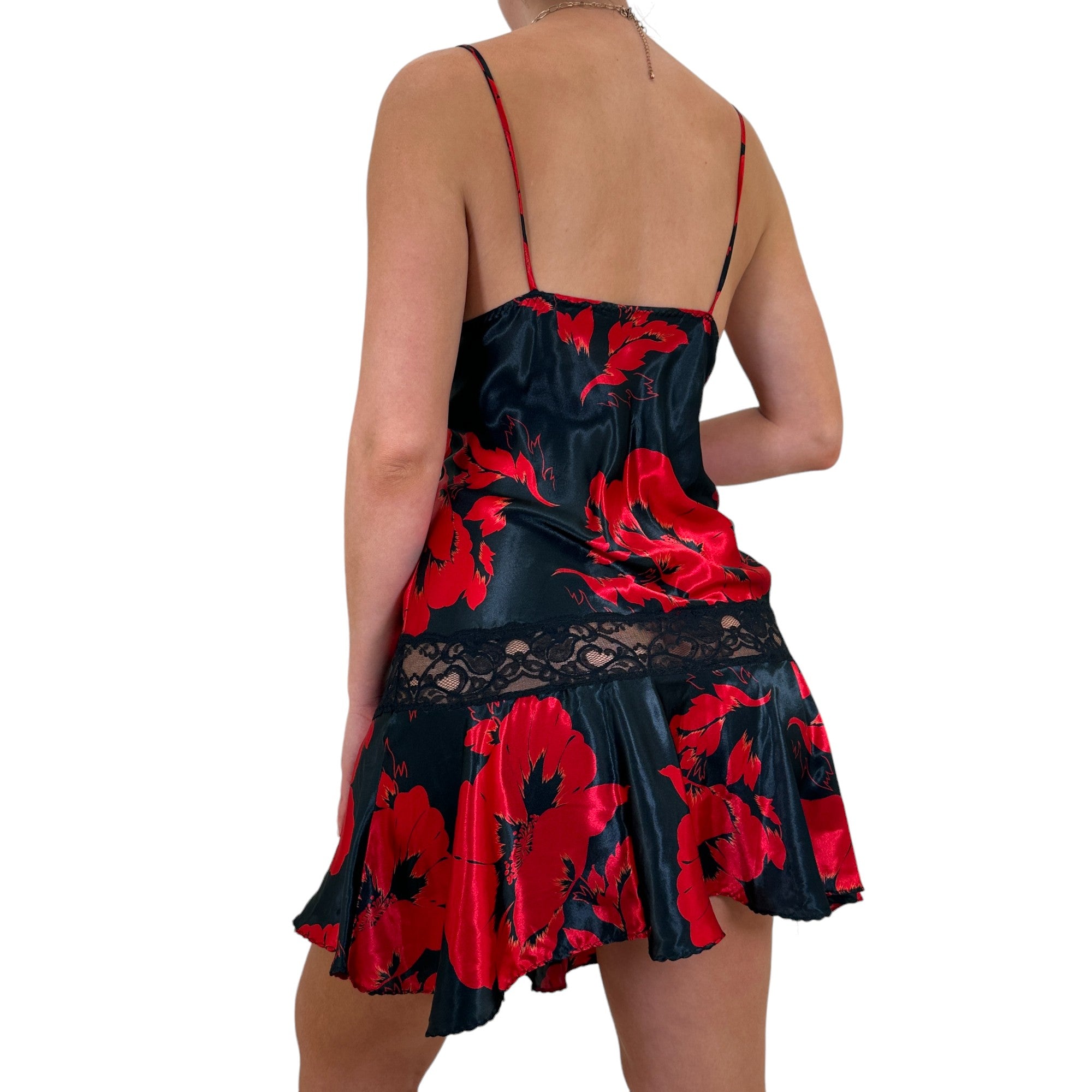 90s Vintage Red + Black Floral Satin Slip Dress [L]
