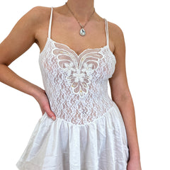 90s Vintage White Floral Lace Slip Dress [M]
