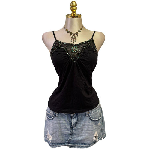 90s Vintage Black Blue Teal Sequin Tank Top [M]