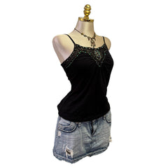 90s Vintage Black Blue Teal Sequin Tank Top [M]