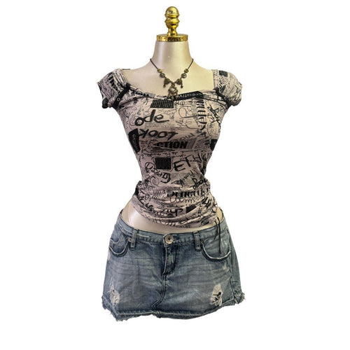 Y2K Vintage Black Light Grey Graphic Top [S]