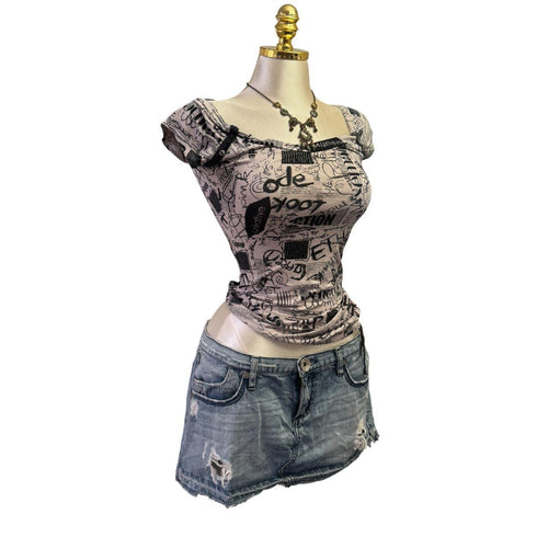 Y2K Vintage Black Light Grey Graphic Top [S]