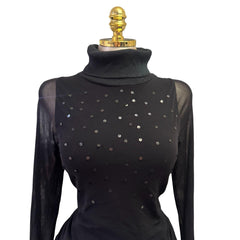 90s Vintage Black Turtle Neck Sequin With Mesh Sleeve Top [L]