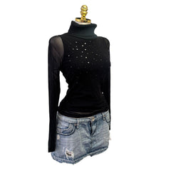 90s Vintage Black Turtle Neck Sequin With Mesh Sleeve Top [L]