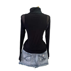 90s Vintage Black Turtle Neck Sequin With Mesh Sleeve Top [L]