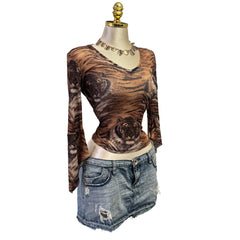 Y2K Vintage Brown Tiger Butterfly Sleeves Top [M]