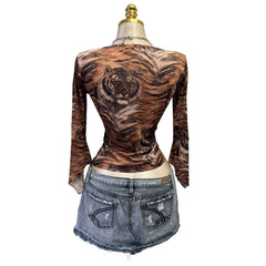 Y2K Vintage Brown Tiger Butterfly Sleeves Top [M]