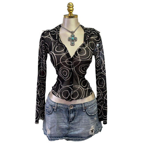 90s Vintage Black White Spiral Pattern Mesh Top [S]
