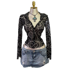 90s Vintage Black White Spiral Pattern Mesh Top [S]