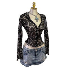90s Vintage Black White Spiral Pattern Mesh Top [S]