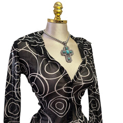 90s Vintage Black White Spiral Pattern Mesh Top [S]