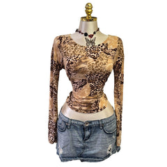 90s Vintage Brown Leopard Print Top [L]