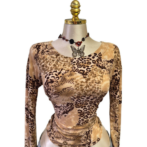 90s Vintage Brown Leopard Print Top [L]