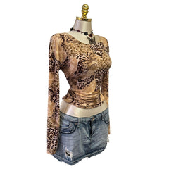 90s Vintage Brown Leopard Print Top [L]
