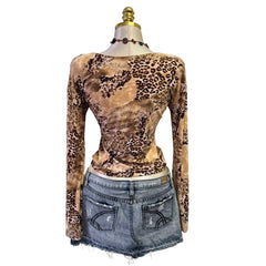 90s Vintage Brown Leopard Print Top [L]