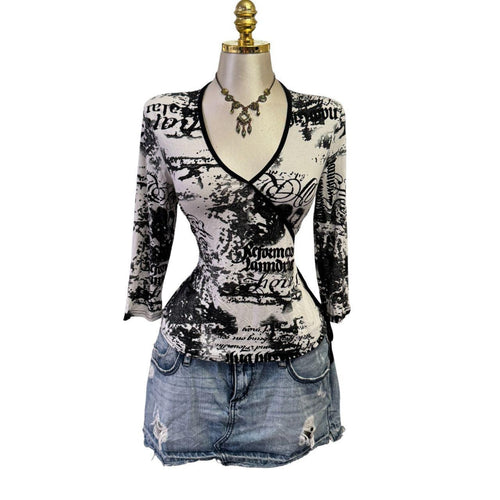 90s Vintage Black White Wording Print Top  [L]
