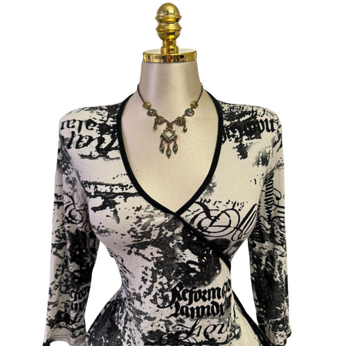 90s Vintage Black White Wording Print Top  [L]
