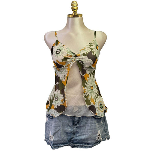 Y2K Vintage Vero Moda Green Yellow Cream Floral Tank Top [S]