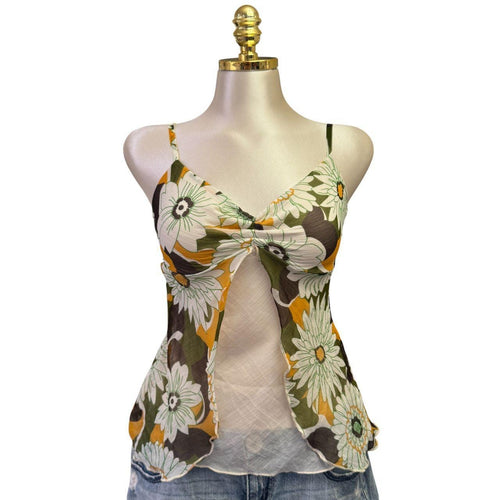 Y2K Vintage Vero Moda Green Yellow Cream Floral Tank Top [S]