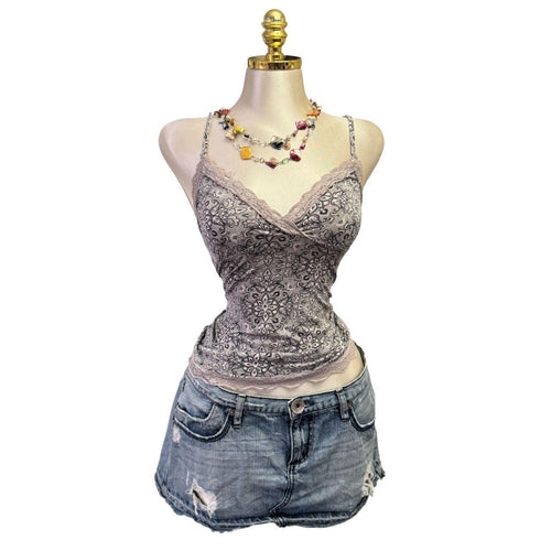 Y2K Vintage Grey Floral V-Neck Tank Top [S]
