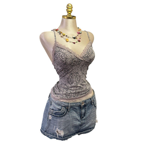 Y2K Vintage Grey Floral V-Neck Tank Top [S]